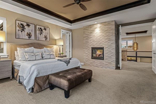 Bedroom, Fireplace, Interior, Recessed Lighting, Stone Walls