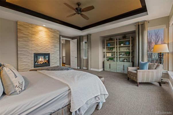 Bedroom, Fireplace, Interior, Recessed Lighting, Stone Walls