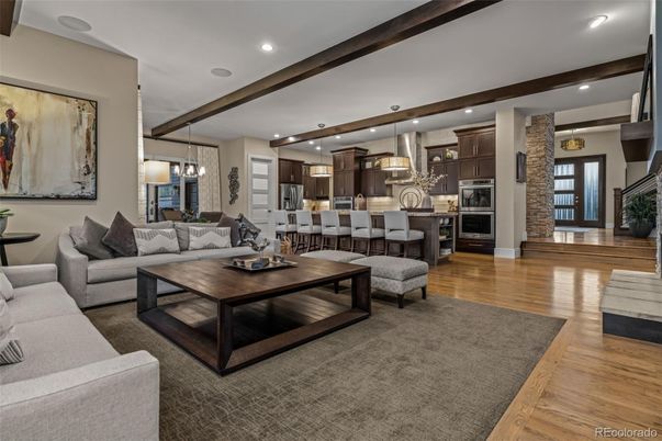 Dining room, Interior, Kitchen, Living room, Pendant Lights, Recessed Lighting, Stainless Steel Appliances, Wood Texture Flooring
