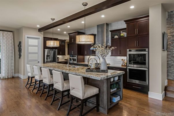 Interior, Kitchen, Pendant Lights, Recessed Lighting, Stainless Steel Appliances, Wooden Beams, Wood Texture Flooring