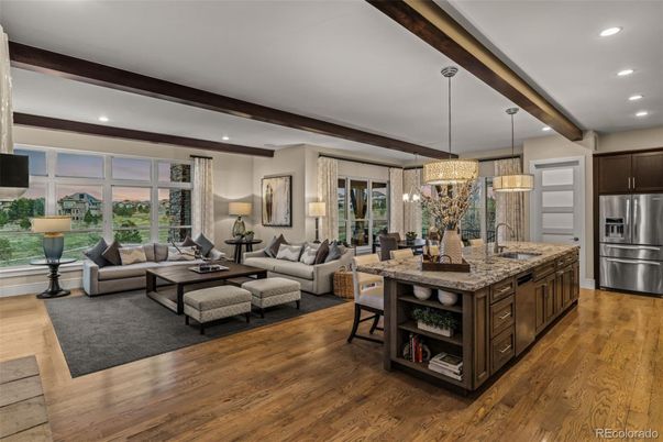 Chandelier, Dining room, Interior, Kitchen, Living room, Pendant Lights, Recessed Lighting, Stainless Steel Appliances, Wood Texture Flooring