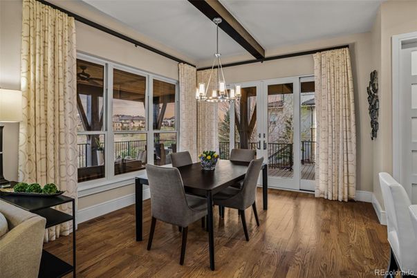 Chandelier, Dining room, Interior, Wood Texture Flooring