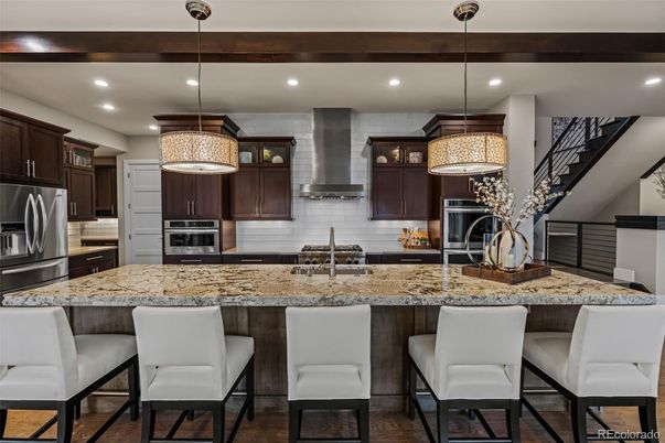 Interior, Kitchen, Pendant Lights, Recessed Lighting, Stainless Steel Appliances, Wooden Beams, Wood Texture Flooring