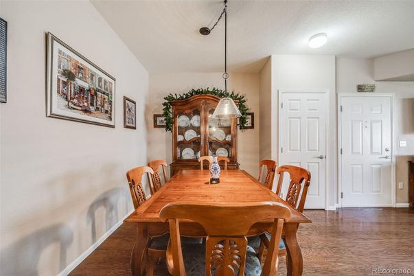 Dining room, Interior, Pendant Lights, Wood Texture Flooring