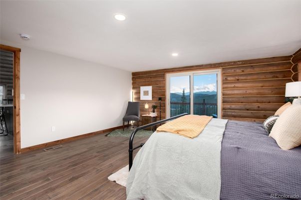 Bedroom, Interior, Recessed Lighting, Wood Texture Flooring, Wooden Walls