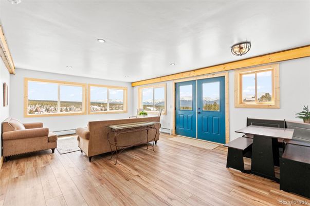 Dining room, Interior, Living room, Recessed Lighting, Wood Texture Flooring