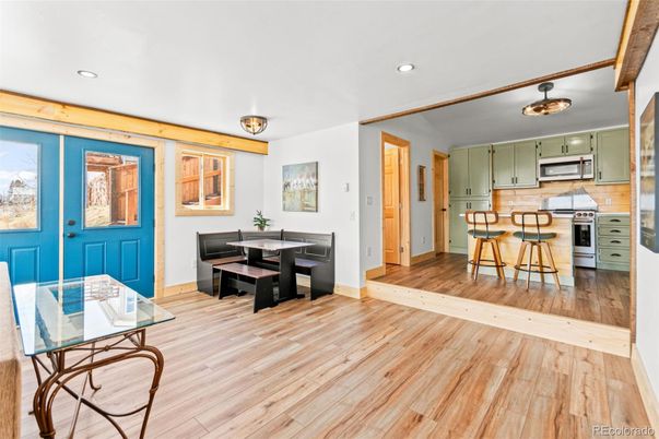 Dining room, Interior, Kitchen, Recessed Lighting, Stainless Steel Appliances, Wood Texture Flooring