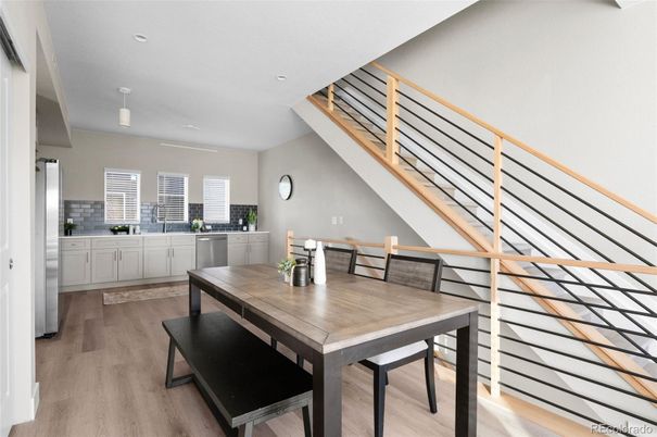 Dining room, Interior, Kitchen, Recessed Lighting, Wood Texture Flooring