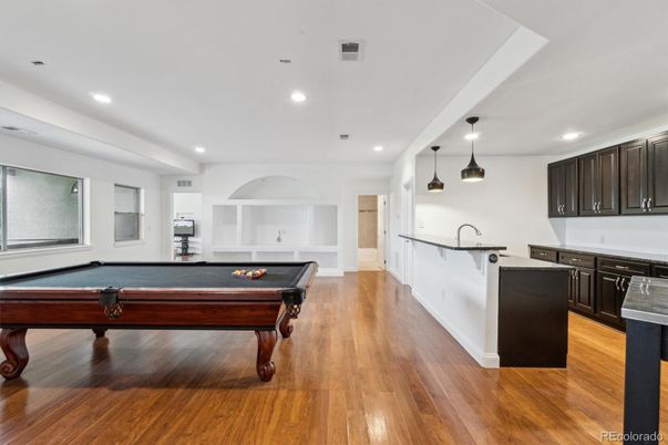 Billiard Table, Game Room, Interior, Pendant Lights, Recessed Lighting, Wood Texture Flooring