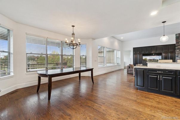 Chandelier, Dining room, Interior, Kitchen, Pendant Lights, Recessed Lighting, Wood Texture Flooring