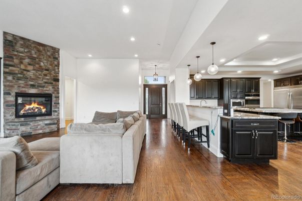 Fireplace, Interior, Kitchen, Living room, Pendant Lights, Recessed Lighting, Stainless Steel Appliances, Stone Walls, Wood Texture Flooring