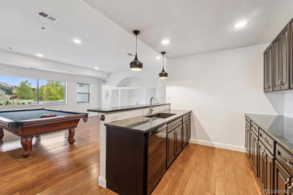 Billiard Table, Game Room, Interior, Kitchen, Pendant Lights, Recessed Lighting, Wood Texture Flooring