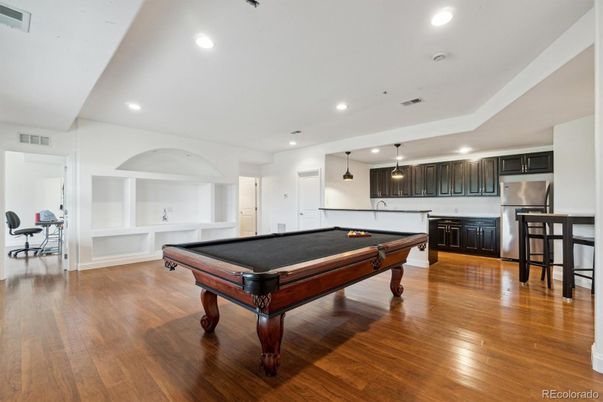 Billiard Table, Game Room, Interior, Kitchen, Pendant Lights, Recessed Lighting, Wood Texture Flooring