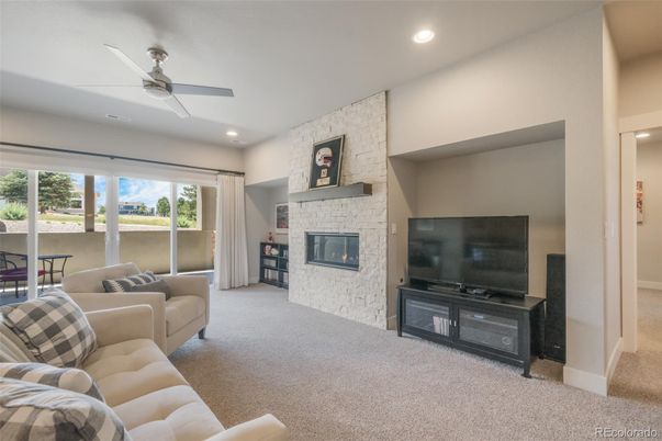 Fireplace, Interior, Living room, Recessed Lighting, Stone Walls