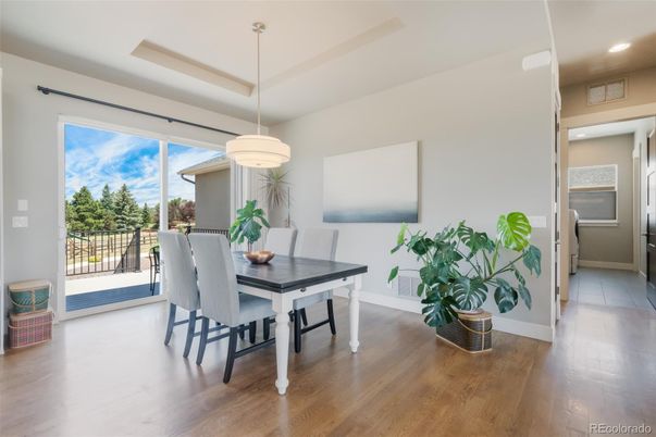 Dining room, Interior, Pendant Lights, Recessed Lighting, Wood Texture Flooring