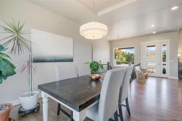 Dining room, Interior, Pendant Lights, Recessed Lighting, Wood Texture Flooring