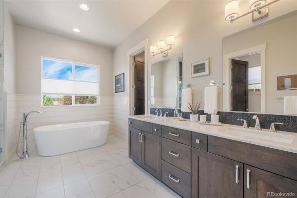 Bathroom, Dual Sink Vanities, Free Standing Baths, Interior, Marble, Recessed Lighting