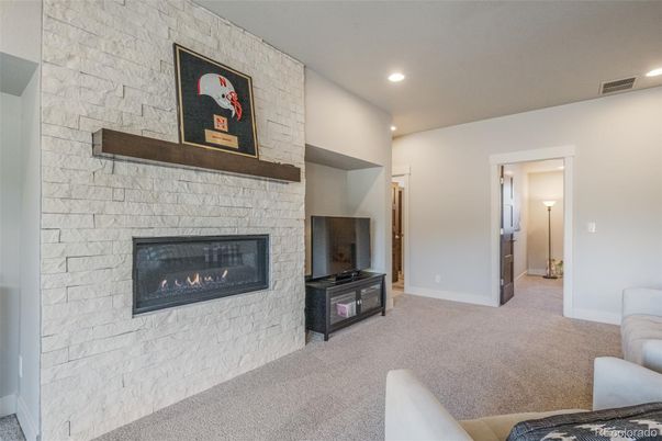 Fireplace, Interior, Recessed Lighting, Stone Walls