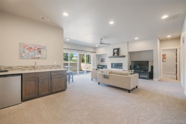 Fireplace, Interior, Kitchen, Living room, Recessed Lighting, Stone Walls