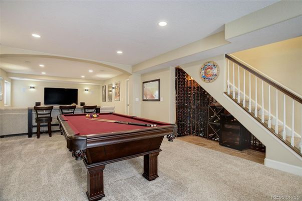 Billiard Table, Game Room, Interior, Recessed Lighting, Wood Texture Flooring