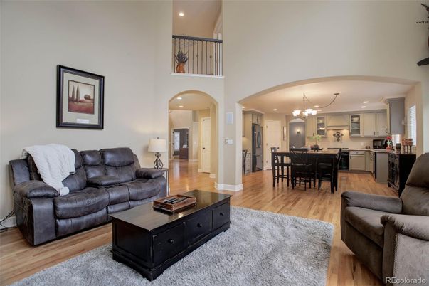 Chandelier, Dining room, Interior, Kitchen, Living room, Recessed Lighting, Wood Texture Flooring