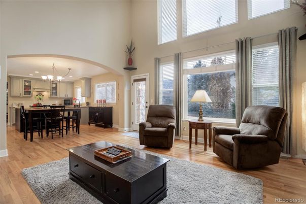 Chandelier, Dining room, Interior, Kitchen, Living room, Recessed Lighting, Wood Texture Flooring