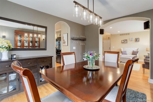 Dining room, Interior, Pendant Lights, Recessed Lighting, Wood Texture Flooring