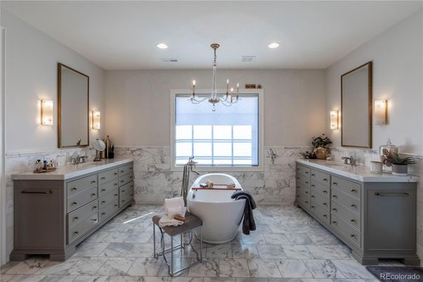 Bathroom, Chandelier, Dual Sink Vanities, Free Standing Baths, Interior, Marble, Recessed Lighting