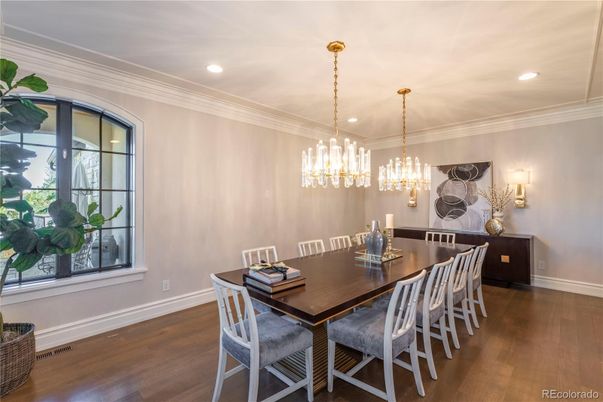 Dining room, Interior, Pendant Lights, Recessed Lighting, Wood Texture Flooring