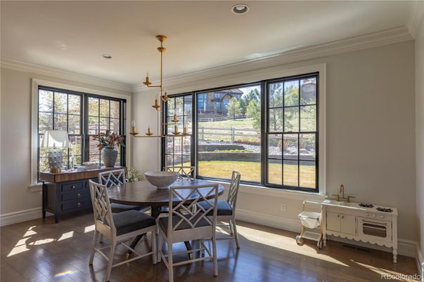 Dining room, Interior, Pendant Lights, Recessed Lighting, Wood Texture Flooring