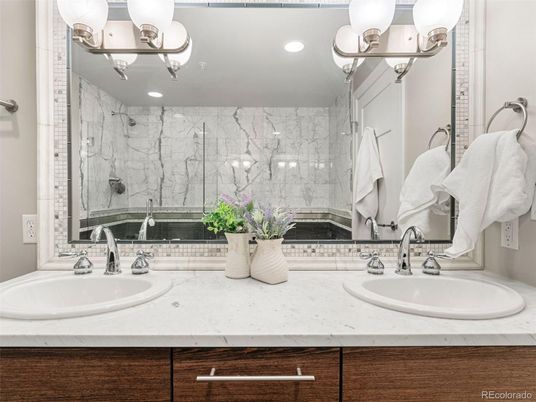 Bathroom, Dual Sink Vanities, Interior, Marble Walls, Recessed Lighting