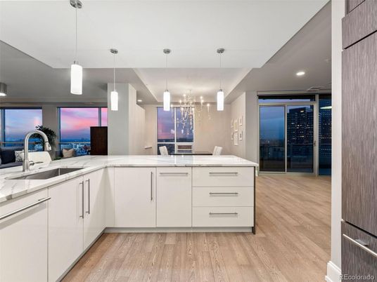 Interior, Kitchen, Pendant Lights, Recessed Lighting, Wood Texture Flooring