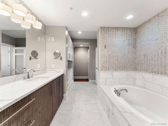 Bathroom, Dual Sink Vanities, Interior, Marble, Recessed Lighting