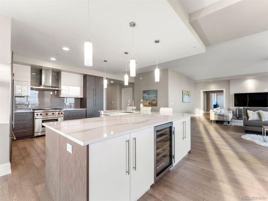 Interior, Kitchen, Living room, Pendant Lights, Recessed Lighting, Stainless Steel Appliances, Wood Texture Flooring