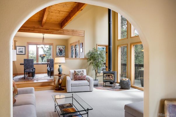 Dining room, Fireplace, Interior, Living room, Pendant Lights, Wooden Beams, Wooden Ceilings, Wood Texture Flooring