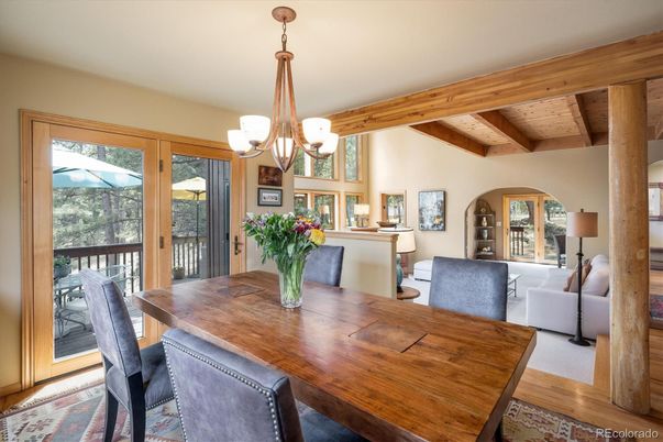 Chandelier, Dining room, Interior, Living room, Wooden Beams, Wooden Ceilings, Wood Texture Flooring