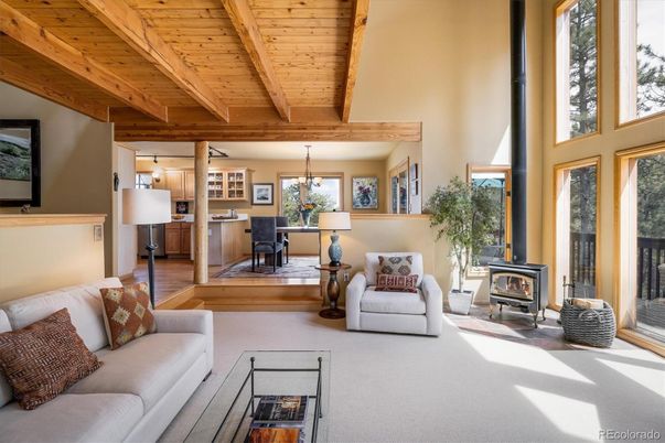 Dining room, Fireplace, Interior, Living room, Pendant Lights, Wooden Beams, Wooden Ceilings, Wood Texture Flooring