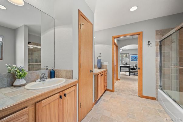 Bathroom, Dual Sink Vanities, Glass Shower, Interior, Recessed Lighting, Tile Countertops