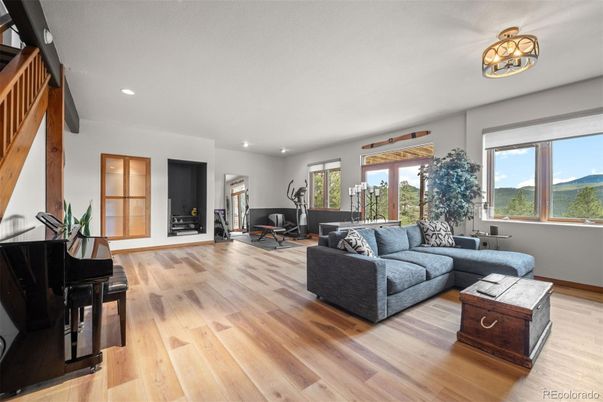 Fitness Equipment, Interior, Living room, Piano, Recessed Lighting, Wood Texture Flooring