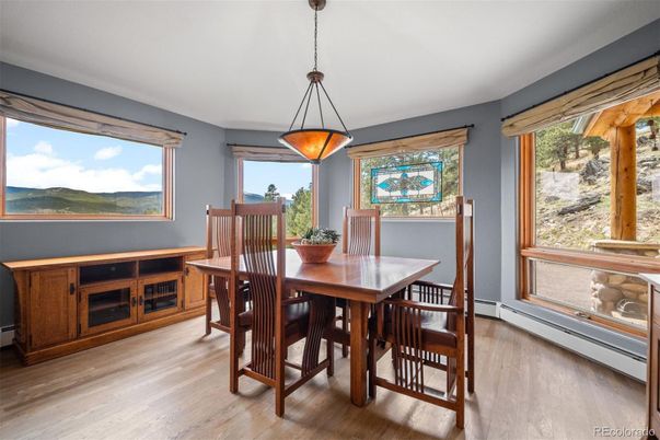 Dining room, Interior, Pendant Lights, Wood Texture Flooring