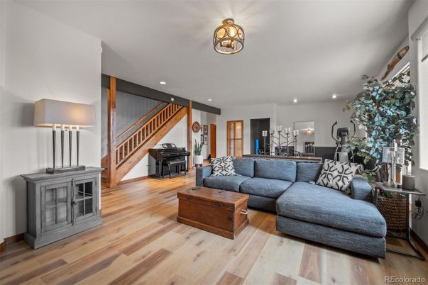 Interior, Living room, Piano, Recessed Lighting, Wood Texture Flooring