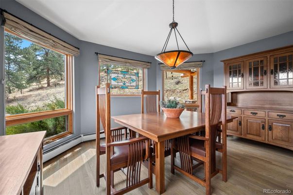 Dining room, Interior, Pendant Lights, Wood Texture Flooring