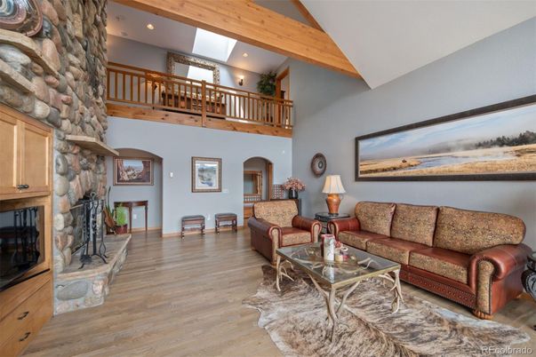 Fireplace, Interior, Living room, Recessed Lighting, Wooden Beams, Wood Texture Flooring
