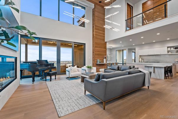 Fireplace, Interior, Kitchen, Living room, Pendant Lights, Piano, Recessed Lighting, Wood Texture Flooring