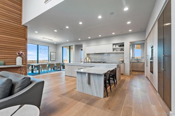 Dining room, Interior, Kitchen, Recessed Lighting, Stainless Steel Appliances, Wood Texture Flooring