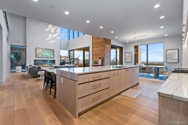 Dining room, Fireplace, Interior, Kitchen, Living room, Recessed Lighting, Wood Texture Flooring