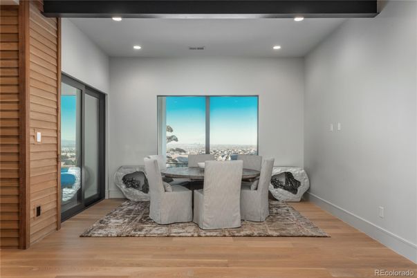 Dining room, Interior, Recessed Lighting, Wood Texture Flooring, Wooden Walls