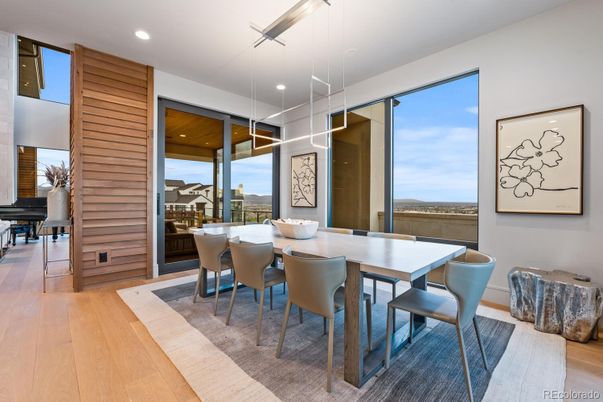 Dining room, Interior, Pendant Lights, Piano, Recessed Lighting, Wood Texture Flooring