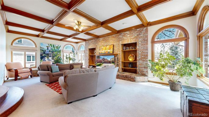 Fireplace, Interior, Living room, Recessed Lighting, Stone Walls, Wooden Beams