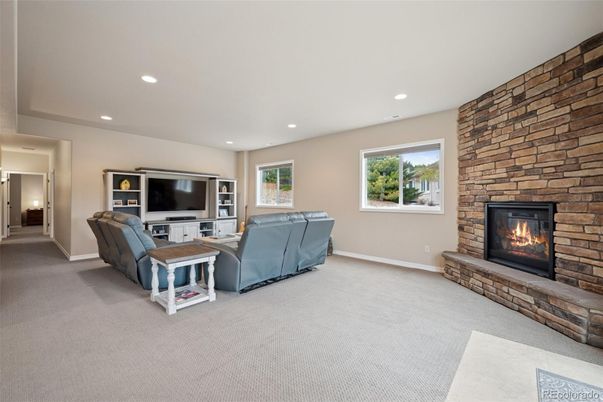 Fireplace, Interior, Living room, Recessed Lighting, Stone Walls